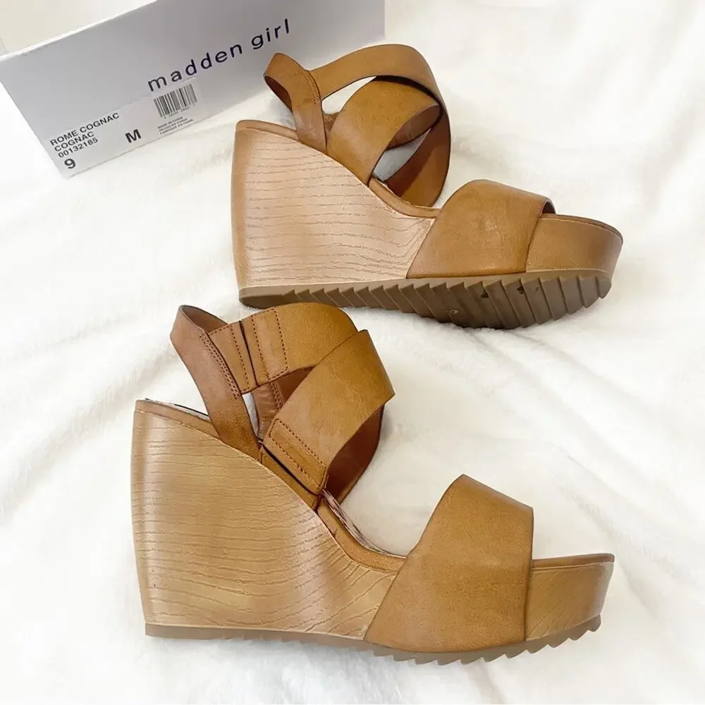 MADDEN GIRL ROME wedge sandal OPEN TOE CASUAL PLATFORM COGNAC size 9 with box